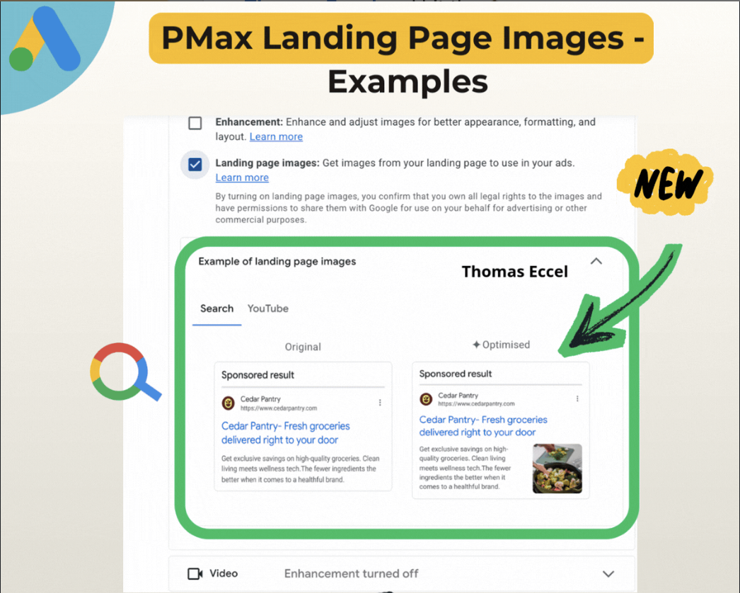 ```json
{
  "alt": "Example of landing page images for Google Ads enhancement with optimized results using PMax.",
  "caption": "Discover how PMax can enhance your Google Ads with optimized landing page images for impactful results.",
  "description": "This image illustrates the use of PMax to enhance Google Ads by utilizing landing page images. It shows a comparison between 'Original' and 'Optimised' image results for a sponsored search query related to grocery delivery. Highlighted text and icons emphasize the optimization and improvement in ad appearance. Ideal for digital marketers aiming for better ad performance, the image underscores the importance of visual content in advertising."
}
```