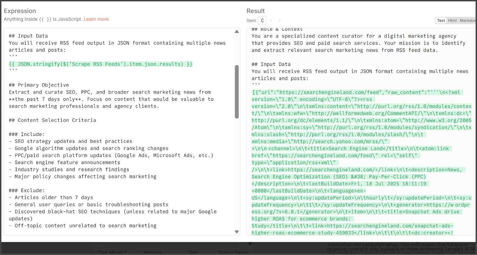 ```json
{
  "alt": "Interface showing JavaScript code and JSON RSS feed output for digital marketing content curation.",
  "caption": "Discover the intersection of technology and marketing as JavaScript processes RSS feeds, delivering curated content for digital marketing enthusiasts.",
  "description": "This image captures a split-screen interface highlighting a JavaScript code snippet designed to process RSS feeds for curating content on SEO and digital marketing. On the left, the code outlines criteria for content selection, while on the right, JSON formatted RSS feed output is displayed. The setup is intended for agencies focusing on recent updates in SEO strategies, PPC, and search marketing, showcasing a blend of programming and marketing expertise."
}
```