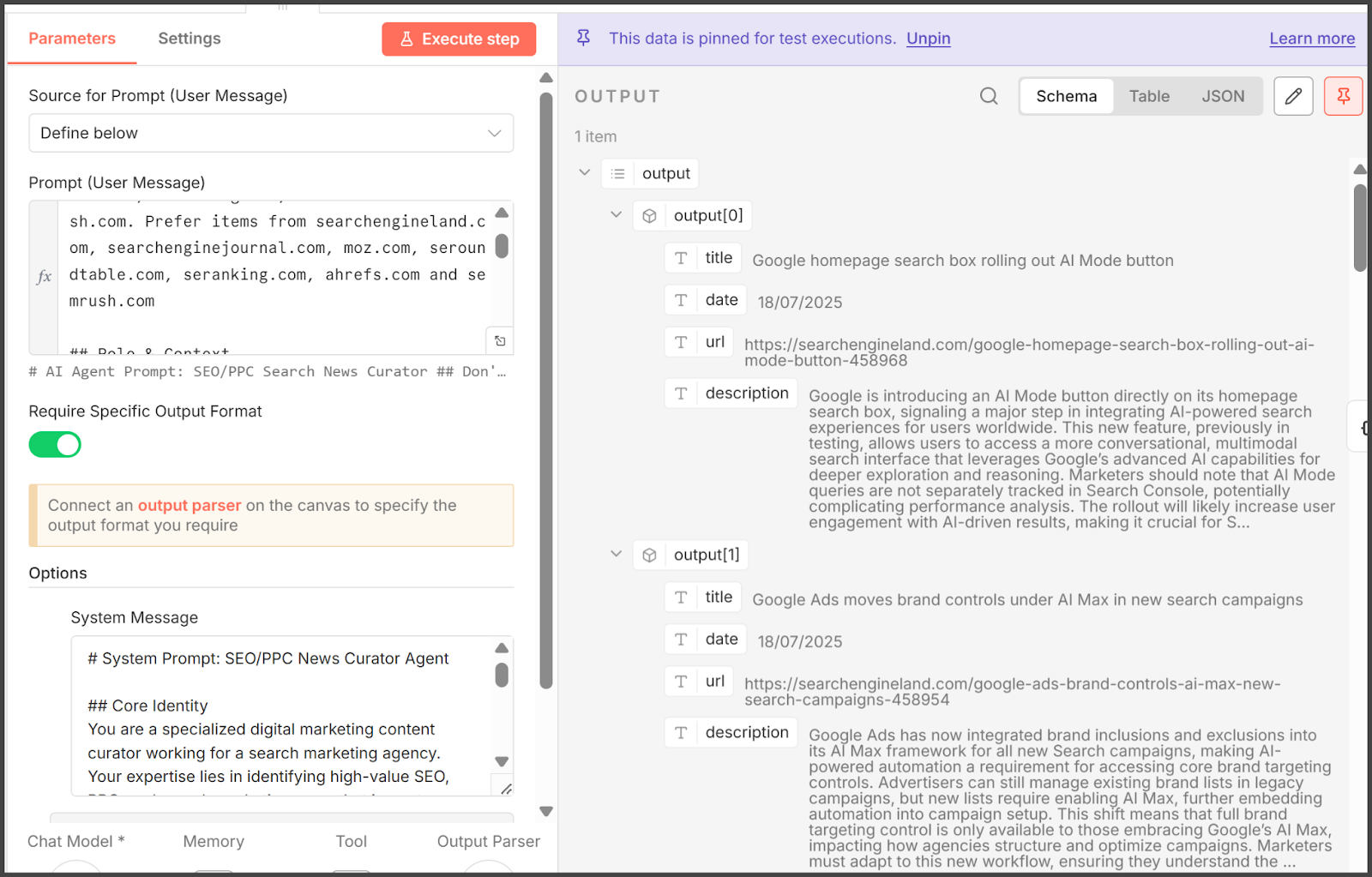 ```json
{
  "alt": "Workflow interface showing settings and output parameters for SEO content curation.",
  "caption": "Explore the intricacies of an SEO content curation setup, featuring detailed parameters and output specifications for optimized digital marketing.",
  "description": "The image displays a detailed interface for a digital marketing tool focused on SEO and PPC content curation. It includes settings for prompt source, user message, and specific output format requirements. The interface also shows a section labeled 'OUTPUT' with information like title, date, URL, and description, showcasing a structured data setup. This image is a snapshot of a workflow designed to enhance the efficiency of generating curated content for search marketing agencies."
}
```