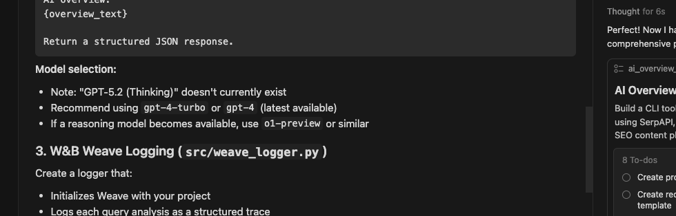 ```json
{
  "alt": "Screen showing code and notes for AI model selection and logging.",
  "caption": "Diving into AI model selection, this screen showcases notes on using GPT models and detailed instructions on creating a logging system with W&B Weave for data analysis.",
  "description": "This image captures a computer screen displaying code and notes related to AI model selection and logging. Key points include instructions on choosing GPT models such as gpt-4-turbo, recommendations for reasoning models, and guidance on setting up W&B Weave logging with the 'src/weave_logger.py' file. The image is useful for those interested in AI, programming, and data analysis, offering insights into structured query analysis and project initialization."
}
```