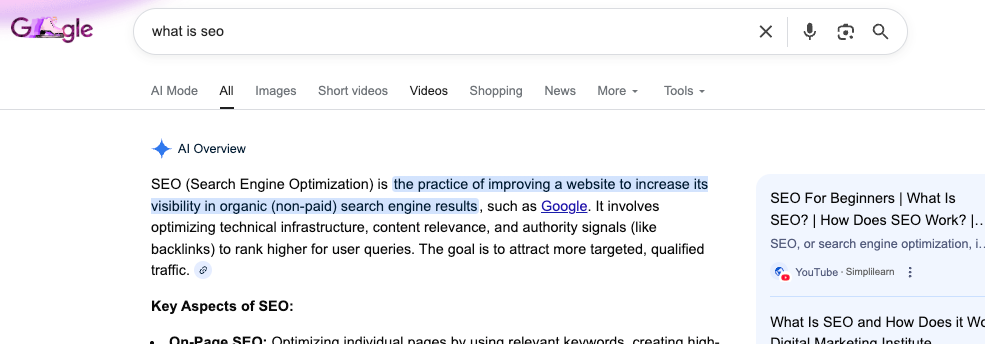 ```json
{
  "alt": "Search result page for 'what is seo' explaining search engine optimization.",
  "caption": "Exploring SEO: A glimpse into how search engine optimization enhances website visibility in organic search results.",
  "description": "The image shows a search result page for 'what is SEO' in a browser. It highlights a section explaining SEO as the practice of improving a website to increase its visibility in organic search results. Key aspects include optimizing technical infrastructure and content relevance. The goal is to attract targeted traffic by ranking higher for user queries. SEO is essential for effective online presence and digital marketing."
}
```