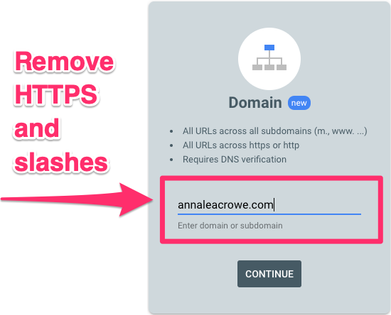 ```json
{
  "alt": "Domain setup screen showing input field for domain name with arrow pointing to text.",
  "caption": "Simplify your domain setup: just enter your domain without HTTPS or slashes.",
  "description": "The image shows a domain setup screen where users are instructed to enter their domain name without HTTPS or slashes. An arrow emphasizes the text input field containing 'annaleacrowe.com', with a note to remove HTTPS and slashes for verification. This screenshot suggests a straightforward approach to DNS verification and URL input, making the setup process more user-friendly for domain management."
}
```