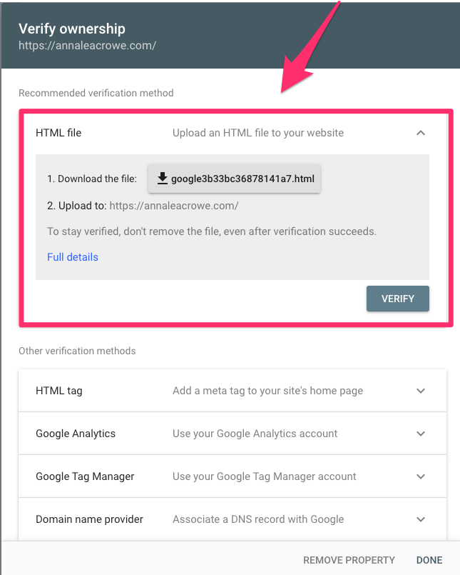 ```json
{
  "alt": "Google Search Console page to verify website ownership via HTML file upload.",
  "caption": "Learn how to verify your website on Google Search Console by uploading an HTML file. Ensure your online presence is accurate and authenticated.",
  "description": "The image shows the Google Search Console interface for verifying website ownership by uploading an HTML file. Users are instructed to download a specific HTML file and upload it to their website's root domain to complete verification. The page also lists alternative verification methods, such as using an HTML tag or Google Analytics. This process is crucial for SEO and website management, ensuring that the website's details are accurately reflected in search engine results."
}
```