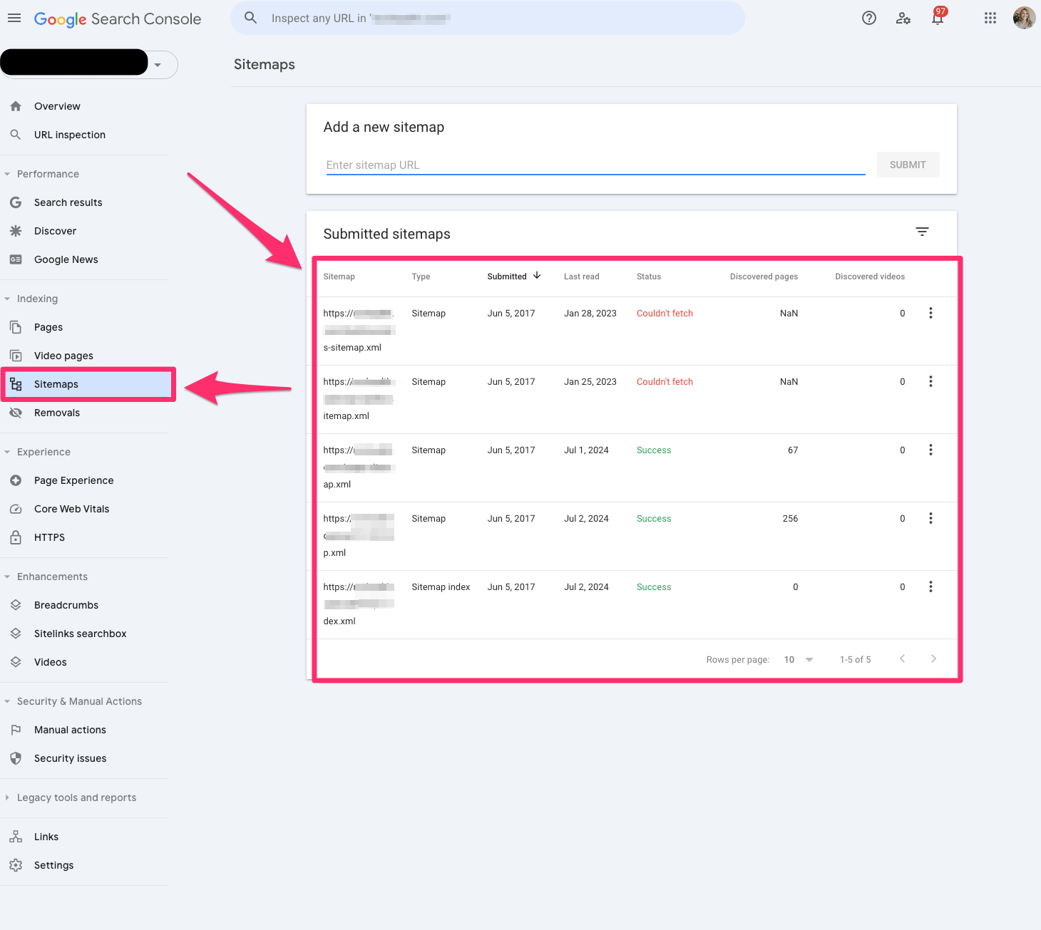 ```json
{
  "alt": "Google Search Console showing sitemap submissions and their status.",
  "caption": "A glance at the Google Search Console interface revealing sitemap submissions, highlighting success and error statuses.",
  "description": "This image shows the Google Search Console interface, focusing on the 'Sitemaps' section. It lists multiple submitted sitemaps with details like submission date, last read date, status (such as success or 'couldn't fetch'), and the number of discovered pages and videos. The intuitive layout aids in efficient website management and SEO optimization. Key elements include a navigation sidebar, submission panel, and status indicators for quick reference."
}
```