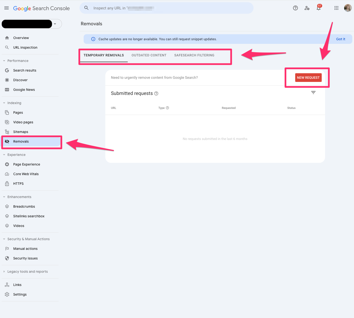 ```json
{
  "alt": "Google Search Console removal request page with options for temporary removals, outdated content, and SafeSearch filtering.",
  "caption": "Explore the Google Search Console removal request page, designed for managing URL removals with options like temporary removals, outdated content, and SafeSearch filtering.",
  "description": "This image showcases the Google Search Console interface, specifically the removals section where users can manage requests to remove URLs from search results. Key features include options for temporary removals, outdated content, and SafeSearch filtering. The 'New Request' button allows users to submit removal requests. Ideal for users seeking to maintain their site's search listing by removing specific content efficiently."
}
```