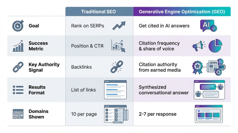 ```json
{
  "alt": "Comparison chart between Traditional SEO and Generative Engine Optimization, detailing goals, success metrics, authority signals, result formats, and domains shown.",
  "caption": "Explore the evolving landscape from Traditional SEO to Generative Engine Optimization, highlighting shifts in goals, metrics, and how results are presented.",
  "description": "This image presents a side-by-side comparison between Traditional SEO and Generative Engine Optimization (GEO). It outlines differences in goals, such as ranking on SERPs for SEO versus being cited in AI answers for GEO. Success metrics differ, with SEO focusing on position and click-through rates, while GEO emphasizes citation frequency and share of voice. Authority signals are transitioning from backlinks to citation authority from earned media. Result formats evolve from lists of links to synthesized conversational answers, and the number of domains shown decreases from ten per page in SEO to two to seven per response in GEO."
}
```