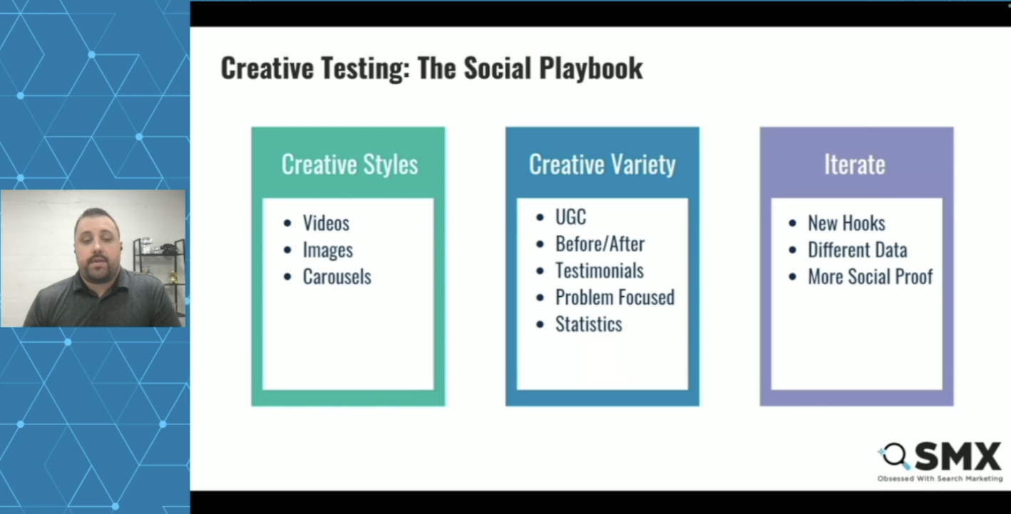 ```json
{
  "alt": "Presentation slide titled 'Creative Testing: The Social Playbook' shows creative styles, variety, and iteration strategies.",
  "caption": "Exploring 'Creative Testing: The Social Playbook,' this slide unveils diverse styles and strategies for social media marketing success.",
  "description": "This presentation slide, titled 'Creative Testing: The Social Playbook,' outlines strategies for effective social media marketing. It covers 'Creative Styles' such as videos, images, and carousels; 'Creative Variety,' including user-generated content and testimonials; and 'Iterate' with new hooks and social proof. Perfect for those seeking to boost online engagement. Brand logo 'SMX' is visible, emphasizing expertise in search marketing."
}
```