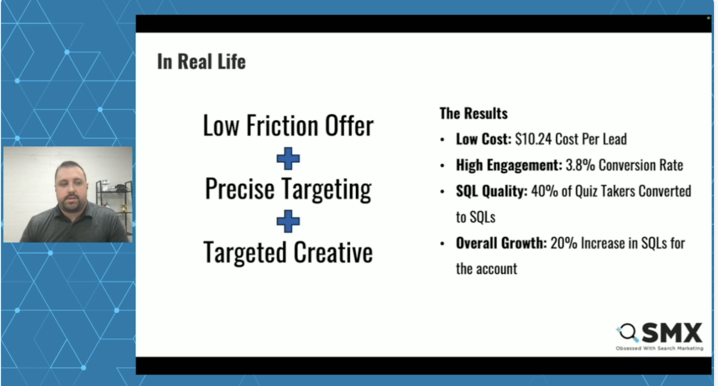 ```json
{
  "alt": "Presentation slide highlighting low friction offer strategies, precise targeting, and creative targeting with performance metrics.",
  "caption": "Maximize your marketing efficiency with a low friction offer, precise targeting, and creative strategies, achieving impressive results in cost and conversions.",
  "description": "This presentation slide showcases a marketing strategy focused on 'Low Friction Offer,' 'Precise Targeting,' and 'Targeted Creative.' The results displayed include a cost per lead of $10.24, a conversion rate of 3.8%, 40% of quiz takers converting to SQLs, and a 20% increase in SQLs overall. The slide is a part of an SMX presentation, emphasizing techniques for effective search marketing, presented beside a speaker on a blue geometric background."
}
```