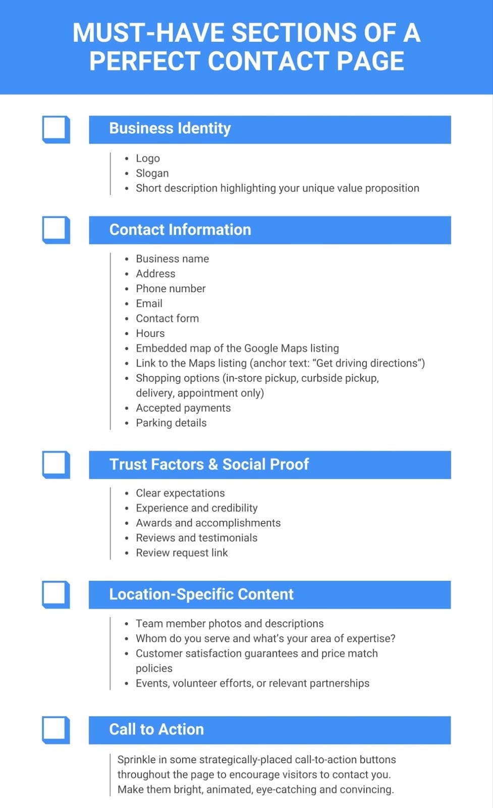 ```json
{
"alt": "Infographic outlining key sections of a perfect contact page, including business identity, contact information, trust factors, location-specific content, and call to action.",
"caption": "Craft the perfect contact page with must-have sections like business identity, contact info, trust factors, and engaging call-to-action tips for enhanced customer interaction.",
"description": "This infographic details the essential sections for a perfect contact page. It includes Business Identity with logo and slogan, Contact Information with address and map, Trust Factors with reviews, Location-Specific Content with team details, and a Call to Action for engaging visitors. Designed to optimize customer interaction and enhance credibility, this guide helps businesses craft an effective online presence."
}
```