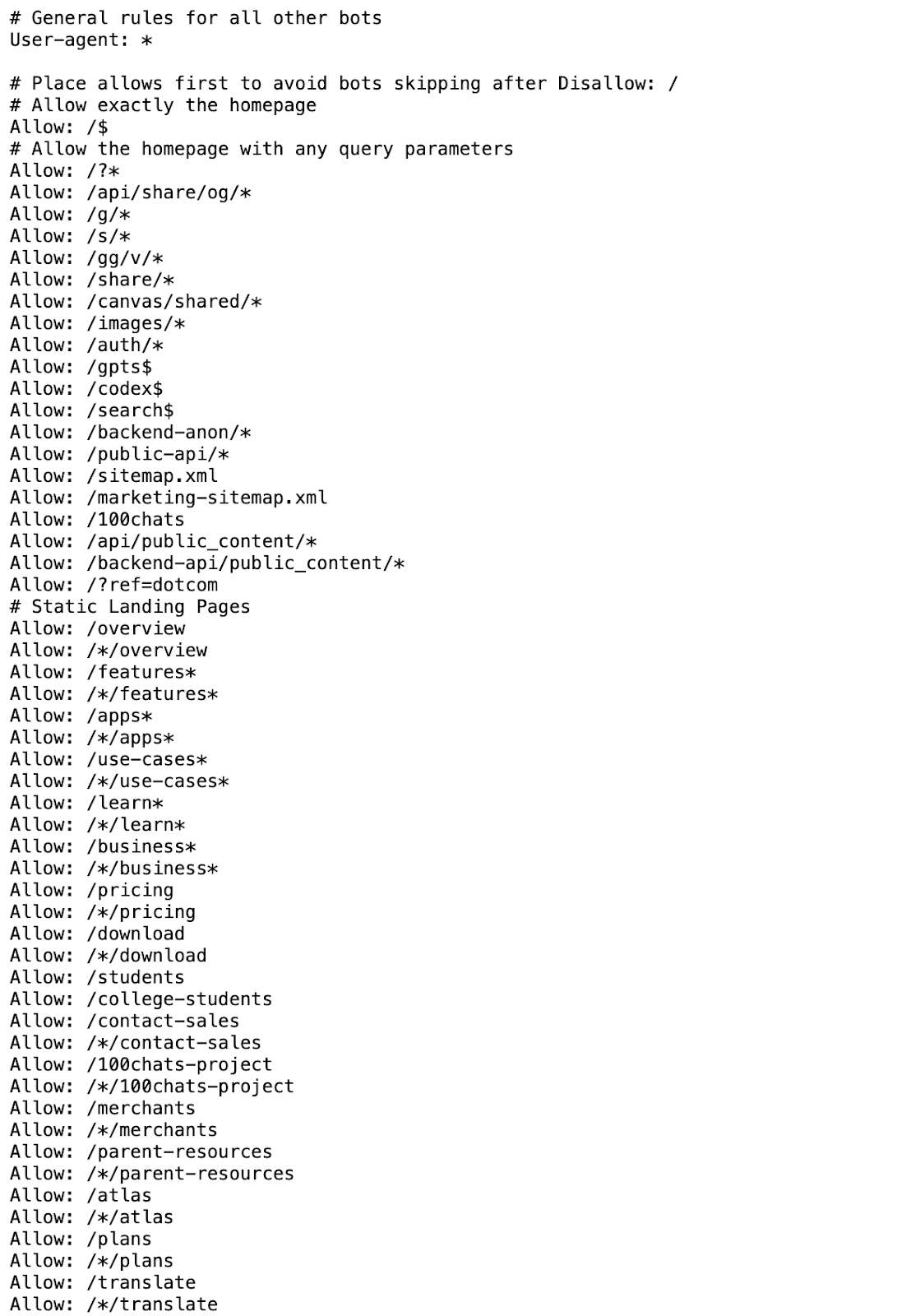 ```json
{
  "alt": "Close-up view of a robots.txt file with various URLs allowed.",
  "caption": "A detailed look at a robots.txt file showcasing multiple allowed URLs for optimal web crawling.",
  "description": "This image shows a close-up of a robots.txt file, which outlines rules for web crawlers on which URLs to access. It contains multiple 'Allow' directives, guiding bots to various site sections like 'overview,' 'features,' 'apps,' and more. This setup ensures efficient indexing by search engines while providing structured guidance for authorized bots. Keywords: robots.txt, web crawling, SEO, URL rules."
}
```