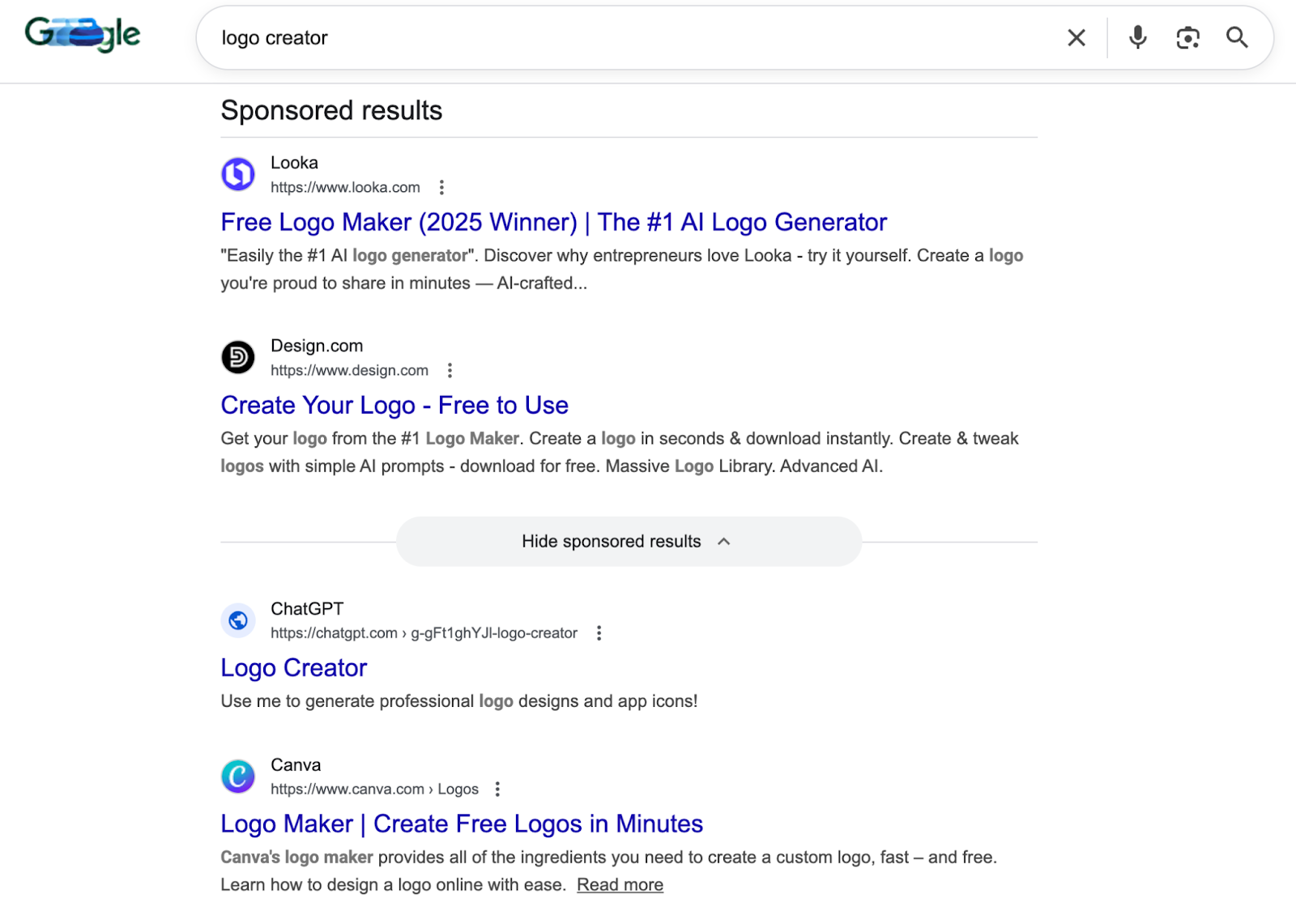 ```json
{
  "alt": "Search results for 'logo creator' showing sponsored links from logo design websites.",
  "caption": "Explore top-rated online tools for creating unique logos effortlessly, as revealed in this search result snapshot.",
  "description": "This image displays a search engine results page for 'logo creator,' highlighting several sponsored links from prominent logo-making websites. Featured entries include Looka and Design.com offering AI-powered logo creation tools. The page emphasizes user-friendly experiences for designing professional logos quickly and often for free. Keywords include 'logo creation,' 'AI logo maker,' and 'online logo design.'"
}
```