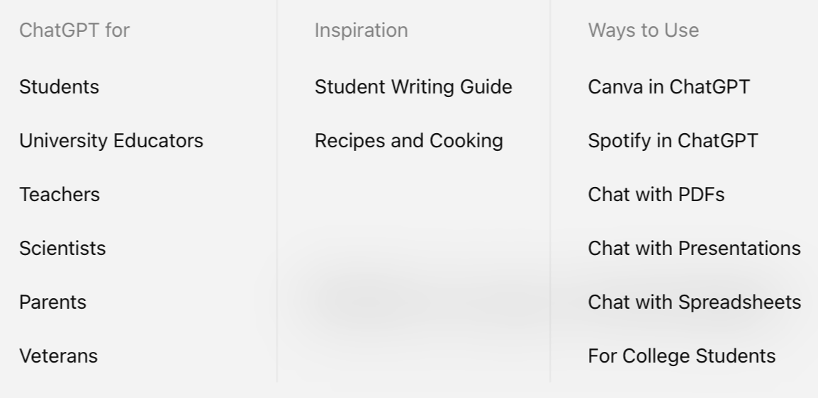 ```json
{
  "alt": "Table showing ChatGPT applications for different audiences, inspiration, and usage ways.",
  "caption": "Explore how ChatGPT caters to various users like students and scientists, get inspired with writing guides, and discover diverse uses from Canva to spreadsheets.",
  "description": "This image displays a table with three columns: 'ChatGPT for' lists user groups such as students, educators, and parents; 'Inspiration' includes guides for writing and cooking; 'Ways to Use' highlights integrations with platforms like Canva and Spotify. The table is designed to showcase ChatGPT’s versatility across different domains and user needs. Keywords include ChatGPT, applications, users, inspiration, and integrations."
}
```