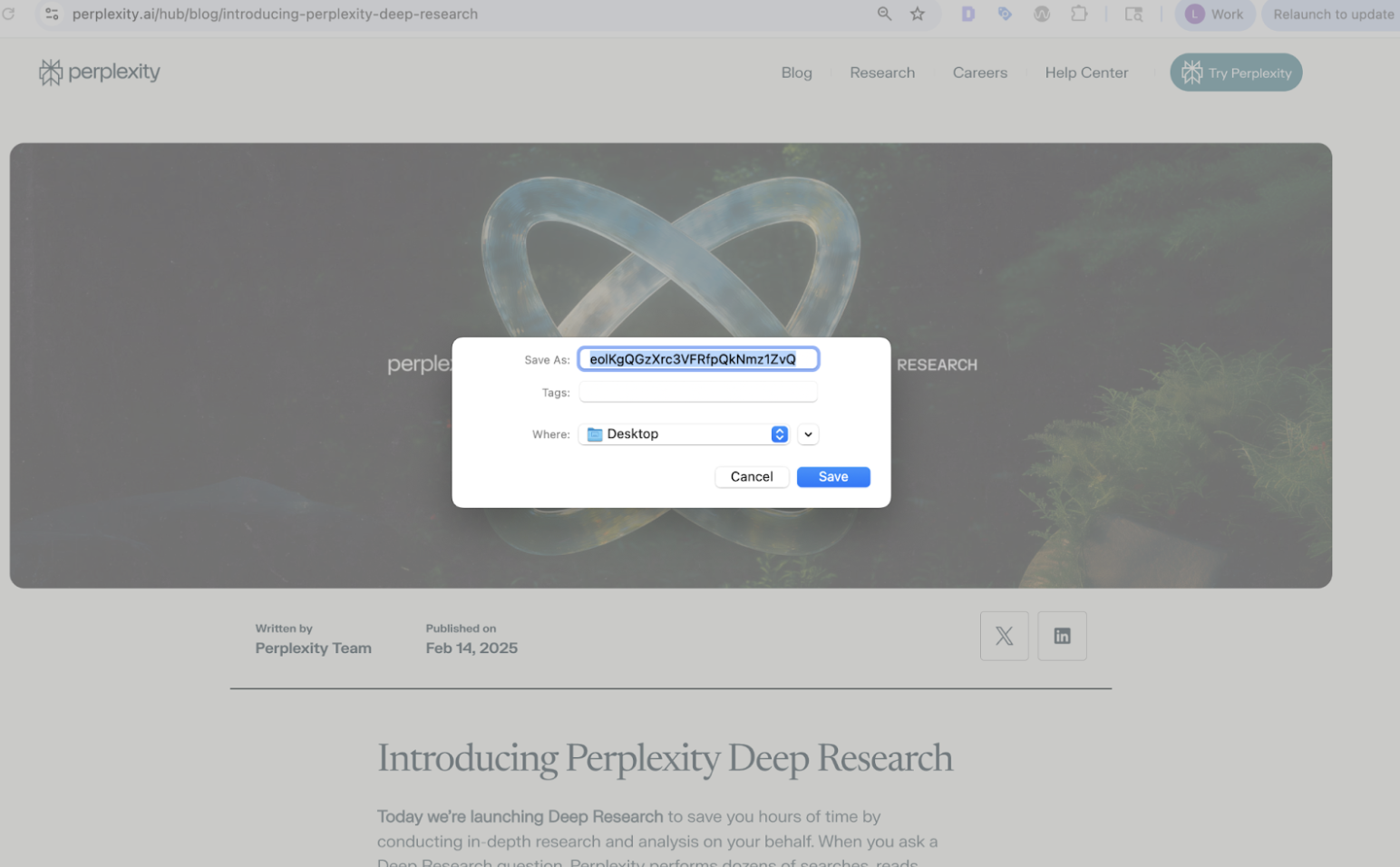 ```json
{
  "alt": "A webpage featuring an article about Perplexity Deep Research with a save dialogue box open.",
  "caption": "Explore the future of online research with Perplexity's latest tool, Deep Research, designed to enhance your in-depth inquiry experience.",
  "description": "This image shows a webpage dedicated to Perplexity's announcement for their Deep Research feature. The page includes a blog post dated February 14, 2025. A dialogue box in the foreground prompts users to save the page, indicating its importance for research or reference. The background features a minimalistic design to emphasize the new research tool. Keywords include Perplexity, Deep Research, online tools, and innovation."
}
```