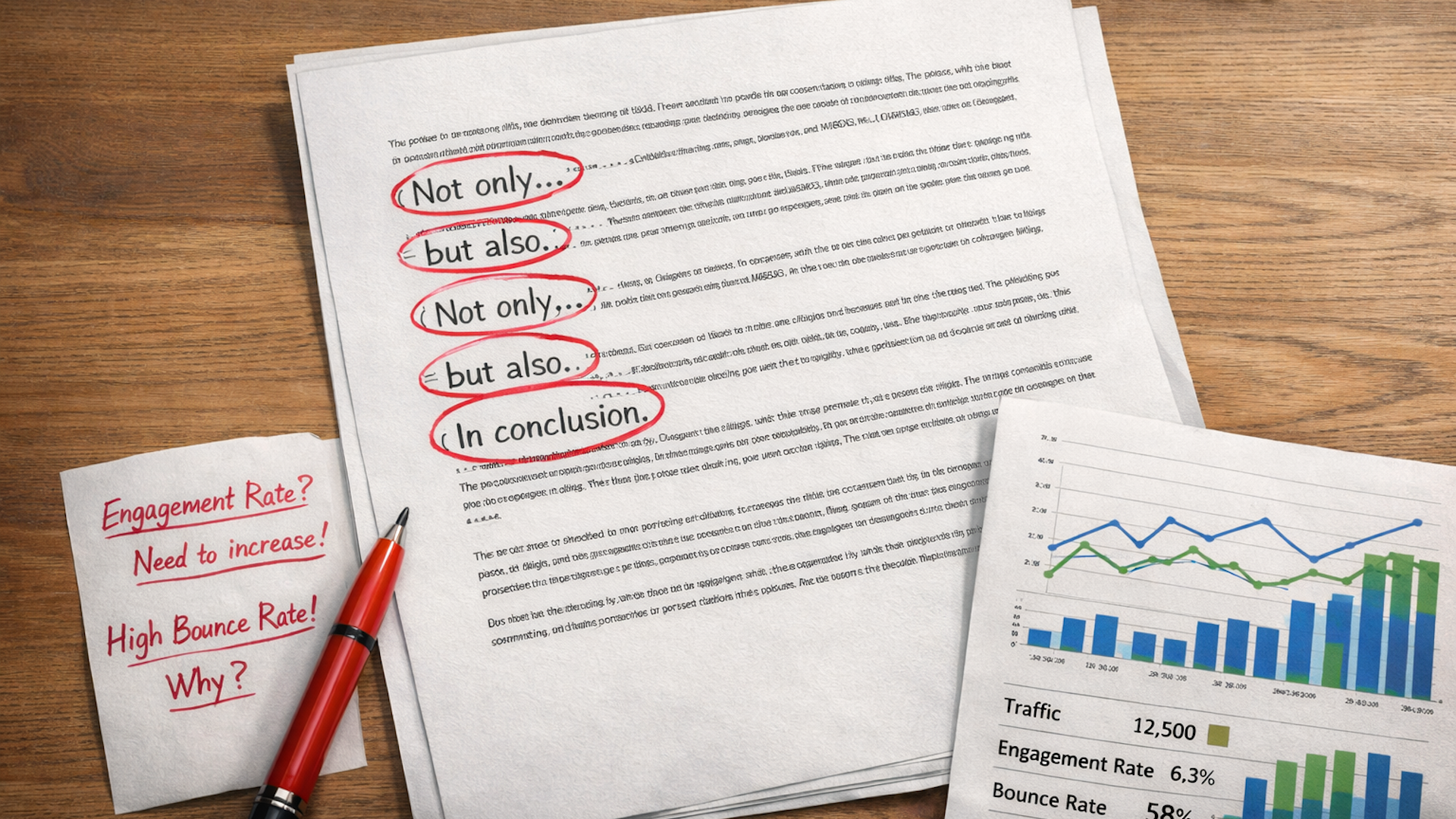 ```json
{
"alt": "Documents on a desk with notes about engagement and bounce rates, alongside a bar and line chart.",
"caption": "Analyzing data trends: Reflections on engagement and bounce rates intersecting with insights drawn from analytics.",
"description": "This image features documents spread out on a wooden desk. A sheet with red-circled text includes phrases like 'Not only...but also...' and 'In conclusion.' There's a handwritten note discussing engagement and bounce rates, questions highlighted in red ink. Additionally, a report with bar and line charts displays metrics on traffic and engagement data. Keywords: data analysis, engagement rate, bounce rate, analytics, business insights."
}
```