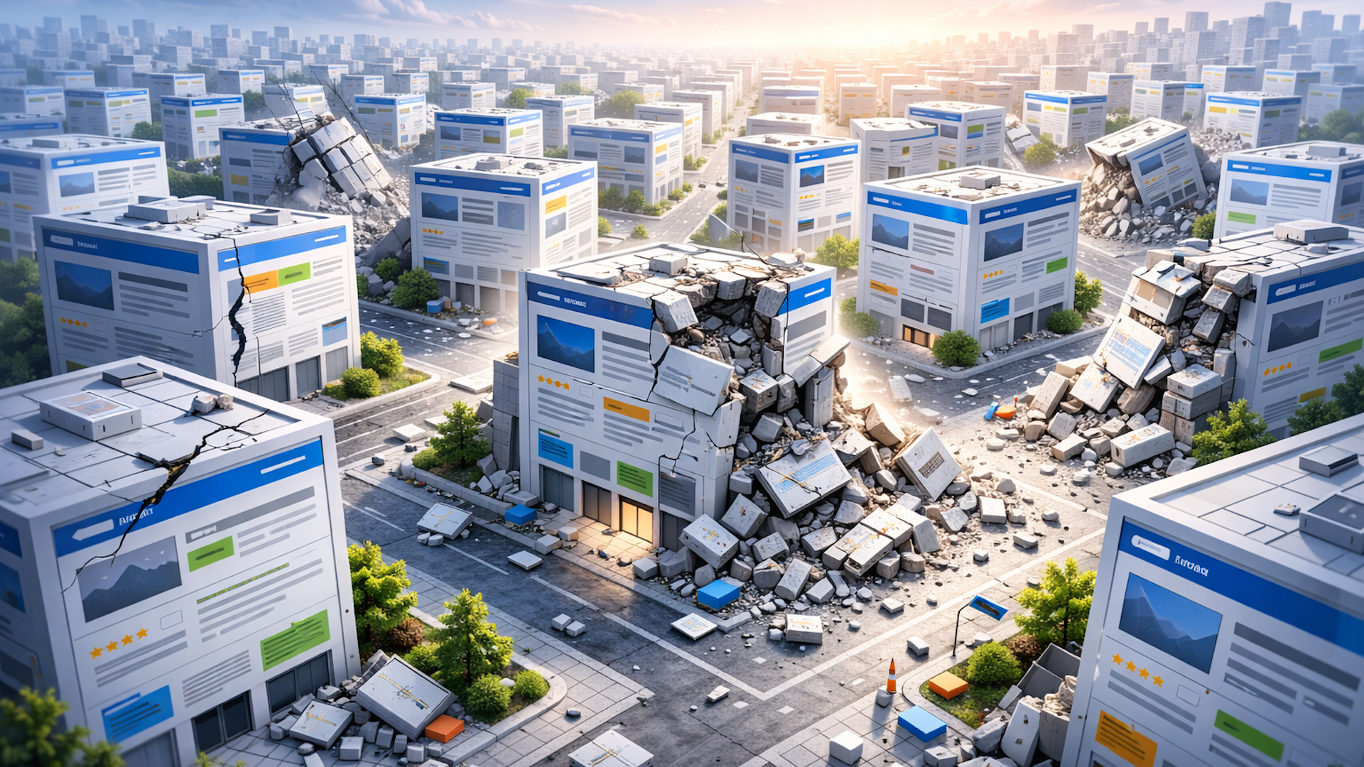 ```json
{
  "alt": "Surreal scene of large digital documents as buildings collapsing in a cityscape.",
  "caption": "Digital chaos unfolds as collapsed document-like structures litter a futuristic cityscape, symbolizing an information overload.",
  "description": "This surreal image depicts a futuristic cityscape composed of large digital documents styled as buildings. Several structures are collapsing, with debris scattered on the streets, illustrating the overwhelming nature of information overload. The scene is bathed in sunlight, adding to the dramatic atmosphere. The digital-themed architecture includes elements resembling text, images, and icons, enhancing the visual metaphor of digital chaos and instability. Keywords: digital structures, information overload, futuristic cityscape, surreal art."
}
```