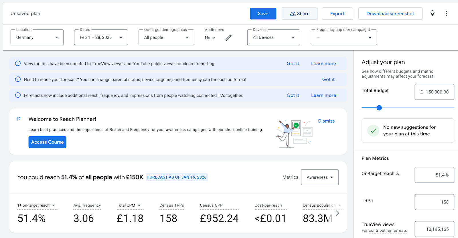 ```json
{
  "alt": "Google Reach Planner interface showing campaign metrics and budget options, including reach, frequency, and CPM.",
  "caption": "Dive into Google Reach Planner to optimize your ad campaigns! Explore reach and frequency metrics to enhance your advertising strategy.",
  "description": "This image displays the Google Reach Planner interface, highlighting options for ad campaign planning. It includes parameters such as location, dates, demographics, and devices. Key metrics shown are on-target reach percentage, average frequency, total CPM, and census data. A total budget slider allows for financial adjustments, with detailed metrics like TrueView views and Census TRPs provided. This tool is instrumental for marketers aiming to refine their campaign strategies based on reach and frequency insights."
}
```