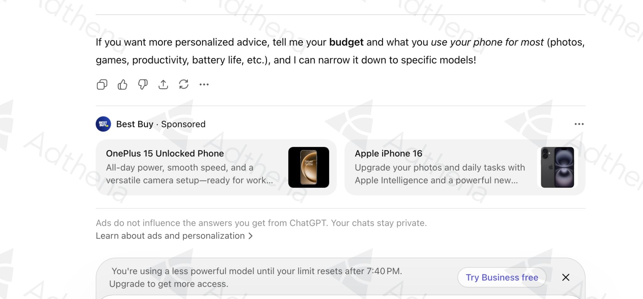 ```json
{
  "alt": "Chat interface discussing phone preferences with sponsored ads for OnePlus 15 and iPhone 16.",
  "caption": "Explore the latest in smartphone technology with personalized recommendations and insights, plus a sneak peek at top models like the OnePlus 15 and iPhone 16.",
  "description": "This image displays a chat interface where a prompt asks about preferences for buying a new phone, emphasizing budget and usage. Below, sponsored ads from Best Buy feature two smartphones: the OnePlus 15 Unlocked Phone, highlighting its power and camera, and the Apple iPhone 16, focusing on photographic and AI capabilities. This image is perfect for discussions on tech buying guides and new smartphone releases."
}
```