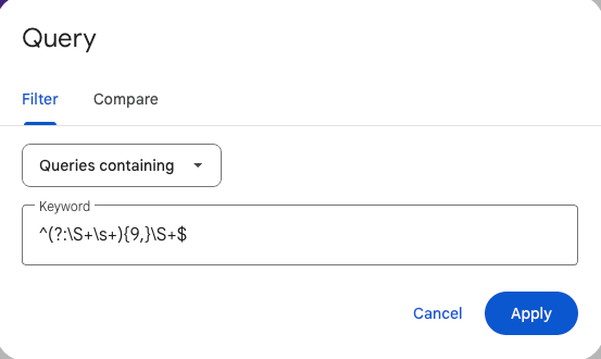 ```json
{
  "alt": "Screenshot of a query filter interface with a regex in the keyword field.",
  "caption": "A glance at the query filter interface showcasing a regex pattern in action for refined data searches.",
  "description": "This image captures a section of a query filter interface where a regular expression (regex) pattern is entered in the 'Keyword' field. The interface displays options for filtering data queries based on the specified regex, aimed at capturing queries containing a certain pattern. The 'Apply' button is visible, offering a way to execute the filter settings. The design is clean, with a minimalistic style focusing on functionality and clear user interaction prompts."
}
```