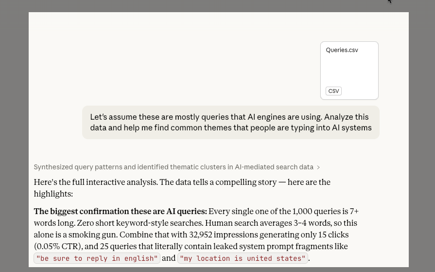 ```json
{
  "alt": "Analysis of AI engine queries with CSV file illustration",
  "caption": "Delving into AI-driven queries: An analysis reveals unique patterns in AI-mediated search data, illustrating the stark contrast between human and AI search behavior.",
  "description": "The image showcases an analysis of AI engine queries, highlighting differences between AI and human search behaviors. It includes an illustration of a CSV file labeled 'Queries.csv' and text discussing the nature of AI-generated search data, which typically features longer queries compared to human searches. The image sheds light on patterns in AI-mediated search data and the distinctive traits of AI interactions, making it an insightful piece for understanding AI systems."
}
```