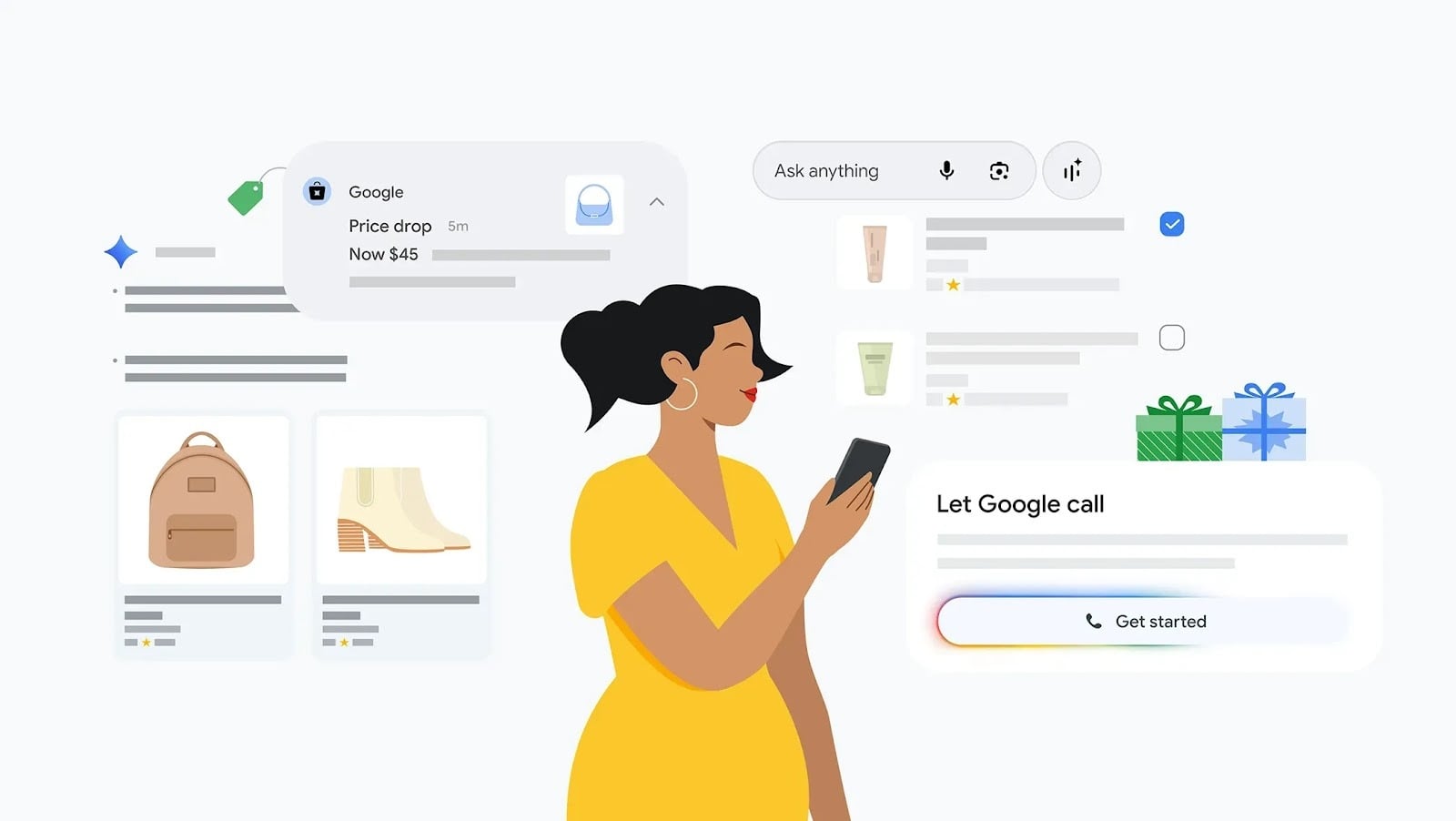 ```json
{
  "alt": "Illustration of a woman in a yellow dress using a smartphone, surrounded by shopping notifications and icons.",
  "caption": "Amidst digital notifications, a tech-savvy shopper in a vibrant yellow dress navigates her smartphone, embracing the seamless online shopping experience.",
  "description": "This illustration depicts a stylish woman in a yellow dress holding a smartphone, indicative of modern digital engagement. She is surrounded by various shopping-related notifications such as a price drop alert and product recommendations, portraying an integrated online shopping ecosystem. Icons for voice input and shopping assistance hint at tech-enhanced convenience. The visuals include gift boxes, adding a festive shopping element. Keywords: digital shopping, mobile user, online notifications, tech-savvy, digital illustration."
}
```