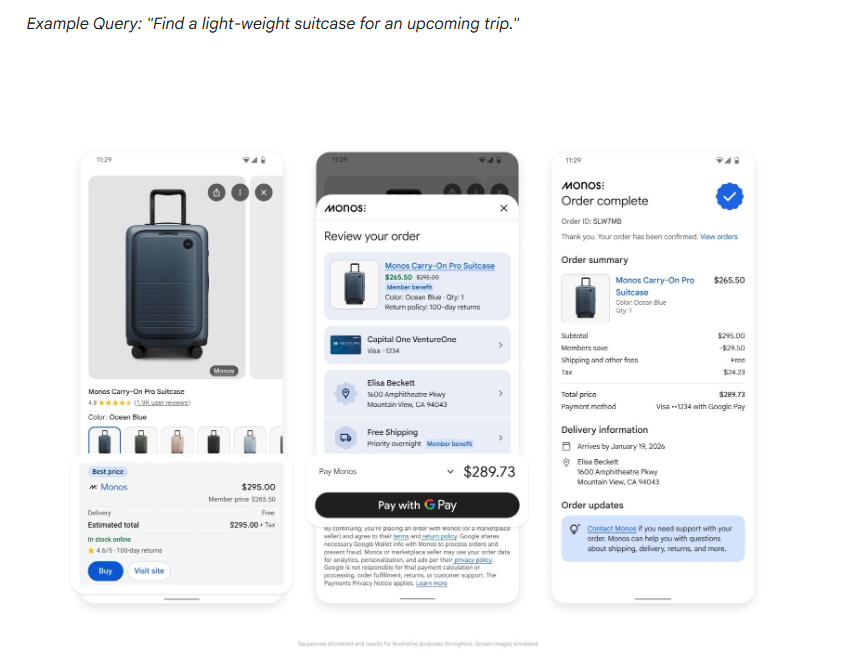 ```json
{
  "alt": "Three smartphone screens showing a suitcase purchase summary and checkout process.",
  "caption": "Streamlined shopping: Easily purchase your travel suitcase with a simple step-by-step checkout experience.",
  "description": "This image displays a series of three smartphone screens illustrating the process of purchasing a Monos Carry-On Pro Suitcase. The first screen shows the product listing with details such as customer rating and price. The second screen features the checkout page with order summary, payment method, and delivery information. The third screen confirms the order completion, detailing the payment and delivery information. This offers a seamless and user-friendly shopping experience, emphasizing ease of navigation and secure payment options."
}
```