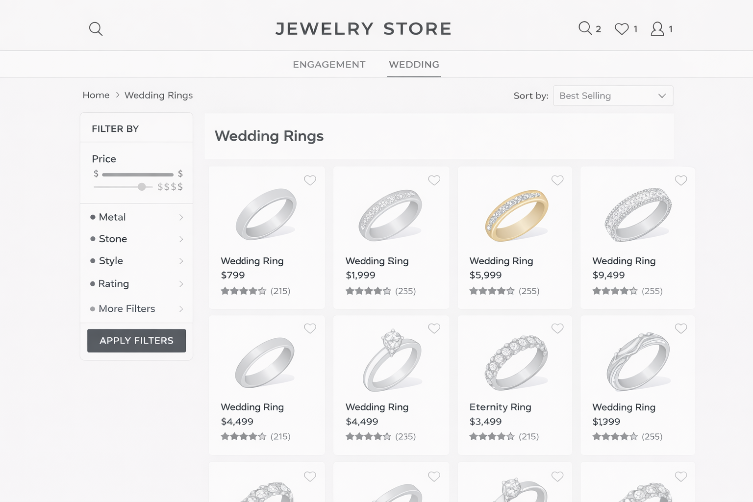 ```json
{
  "alt": "Online jewelry store displaying various wedding rings with prices and ratings.",
  "caption": "Explore stunning wedding rings at our online jewelry store. Find your perfect ring with options for every style and budget, all rated by fellow shoppers.",
  "description": "The image shows an online jewelry store webpage showcasing a collection of wedding rings. Products are sorted by best selling and include details such as price, star ratings, and customer reviews. The sidebar offers filters by price, metal, stone, style, and rating to help refine the selection. Perfect for users looking to purchase wedding rings with ease and convenience."
}
```