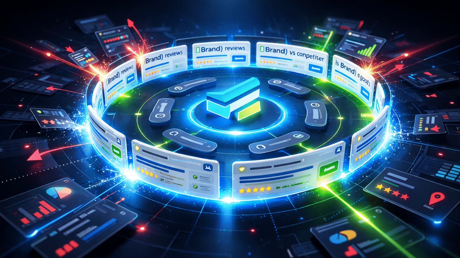 ```json
{
"alt": "Digital marketing platform with graphs, reviews, and competition analysis.",
"caption": "Explore the digital landscape where brand reviews, competition analysis, and data visualization converge in a dynamic marketing platform.",
"description": "This image depicts a futuristic digital marketing platform. At the center is a glowing, segmented circle surrounded by panels displaying brand reviews, competitive analysis, and data visualizations. Bright neon colors, arrows, and star ratings emphasize the tech-driven environment, highlighting the intersection of advanced analytics and strategic brand positioning."
}
```