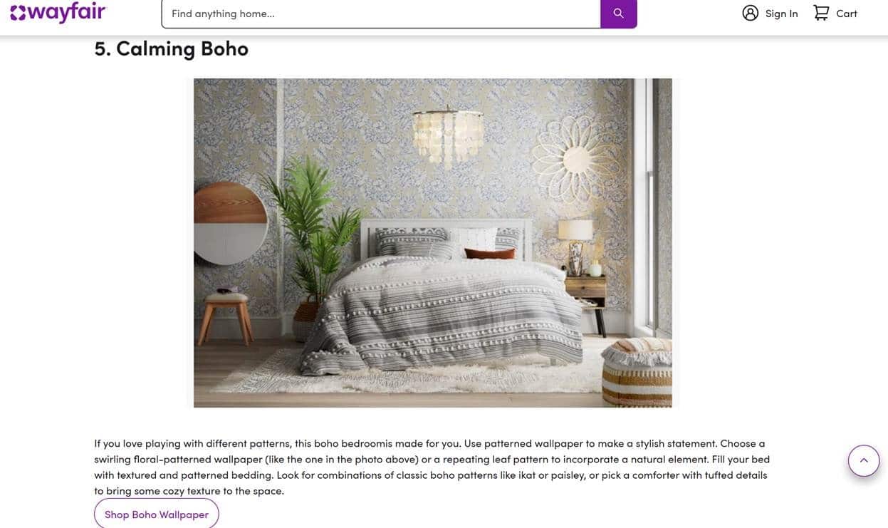 ```json
{
  "alt": "Calming boho bedroom with patterned wallpaper, cozy bed, and decorative elements.",
  "caption": "Transform your space with a calming boho vibe. This bedroom combines elegant patterns and cozy textures for a serene retreat.",
  "description": "This calming boho-themed bedroom features a swirling floral-patterned wallpaper that sets a stylish tone. The cozy bed is adorned with textured and patterned bedding, creating a comfortable atmosphere. Decorative elements like a potted plant, round mirror, and ambient lighting enhance the room's serene vibe. The space exemplifies a harmonious blend of classic boho patterns and modern chic, making it a perfect setup for relaxation. Keywords: boho bedroom, patterned wallpaper, cozy bed, bohemian decor."
}
```