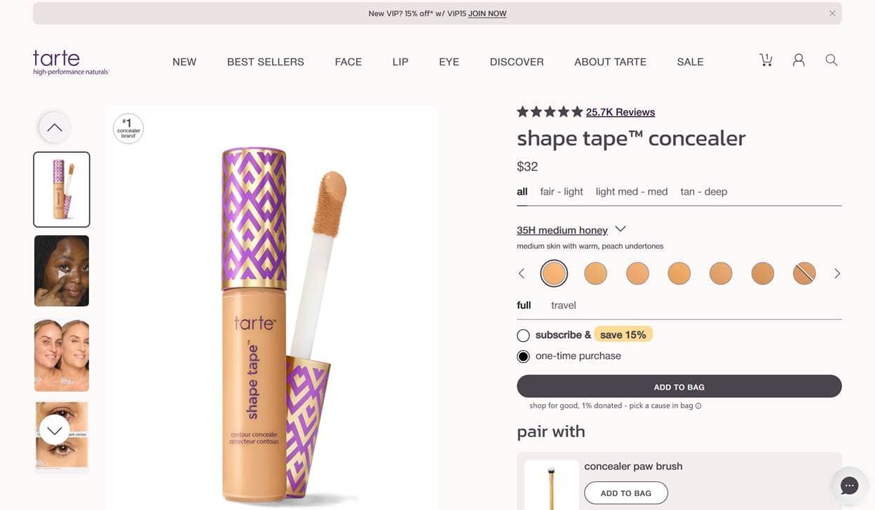 ```json
{
  "alt": "Tarte Shape Tape Concealer product page showcasing concealer options and pricing at $32.",
  "caption": "Discover Tarte's Shape Tape Concealer—iconic for flawless coverage. Priced at $32, it's available in various shades for all skin tones.",
  "description": "This image features Tarte's Shape Tape Concealer product page. The concealer, priced at $32, is offered in a range of shades, perfect for medium skin with warm undertones like '35H medium honey.' The page highlights subscription savings, and showcases how it's the number one concealer brand. Ideal for flawless coverage, this product is a staple for beauty enthusiasts. Pair with the recommended concealer paw brush for enhanced results. Keywords: Tarte, Shape Tape Concealer, makeup, beauty, cosmetics, medium honey, skin tones."
}
```