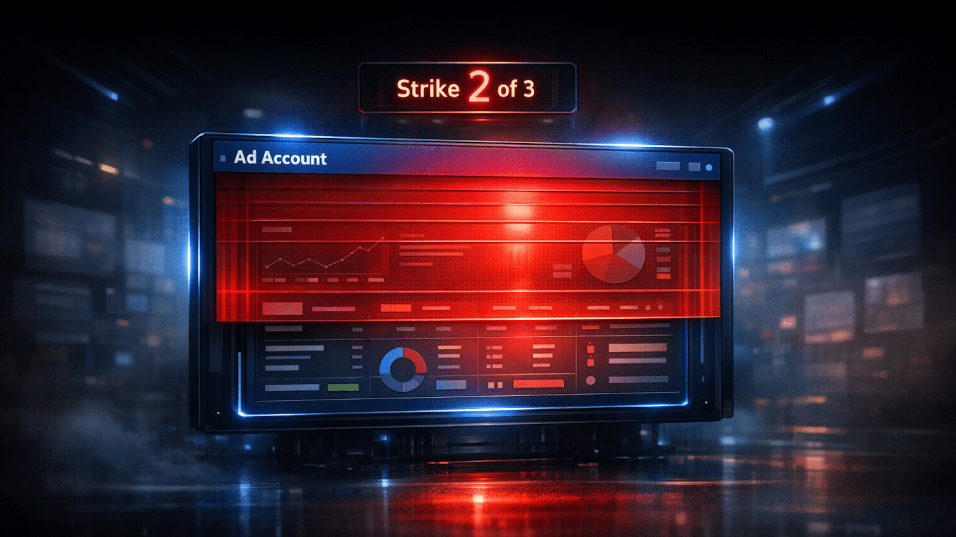 ```json
{
  "alt": "Digital dashboard showing 'Strike 2 of 3' with warning graphics and analytics charts.",
  "caption": "Warning Alert: The ad account interface displays 'Strike 2 of 3', signaling critical account issues.",
  "description": "This image features a digital dashboard with a red warning alert, 'Strike 2 of 3', indicating issues in an ad account. The background displays data charts and analytics, emphasizing a critical status. The dark setting and vibrant red elements create a high-stakes mood, drawing attention to potential penalties associated with online advertising. Keywords: ad account, analytics, warning, strike, digital dashboard."
}
```