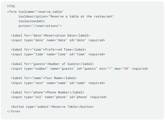 ```json
{
  "alt": "HTML code for a restaurant table reservation form with fields for date, time, guests, name, and phone number.",
  "caption": "Streamline your dining plans with this easy-to-use HTML form for restaurant reservations. Fill in your details to secure a table effortlessly.",
  "description": "This image displays an HTML code snippet for a restaurant table reservation form. It includes input fields for reservation date, preferred time, number of guests, name, and phone number. Each field is labeled and required for submission. The form has a submit button labeled 'Reserve Table'. This code is a useful reference for creating a user-friendly reservation system."
}
```