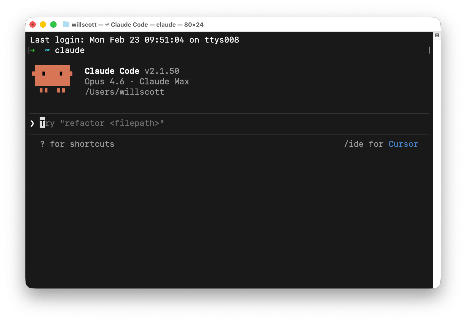 ```json
{
  "alt": "Terminal window displaying Claude Code version 2.1.50 interface with shortcuts and commands.",
  "caption": "Dive into coding with Claude Code v2.1.50! Discover efficient shortcuts and commands in this intuitive terminal interface.",
  "description": "This image shows a terminal window running Claude Code version 2.1.50, featuring the Opus 4.6 Claude Max interface. The screen displays a welcoming ASCII art, current directory path, shortcuts, and command suggestions such as 'refactor <filepath>'. The interface appears user-friendly and streamlined, ideal for coding enthusiasts seeking efficient workflows. Keywords: Claude Code, terminal, version 2.1.50, coding interface, shortcuts."
}
```