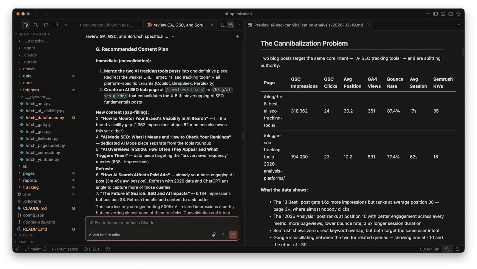 ```json
{
  "alt": "Screenshot of a content plan and data analysis for AI SEO.",
  "caption": "Exploring the challenges of AI SEO cannibalization: a detailed content strategy and data analysis.",
  "description": "This image captures a screenshot of a desktop workspace focusing on an AI SEO content plan and data analysis. On the left, there's a list of content recommendations to optimize SEO, including merging posts and creating new pages. On the right, a table breaks down the 'Cannibalization Problem' for AI SEO tracking tools, showing statistical data such as impressions, clicks, and average position. This visual serves as a comprehensive resource for understanding the strategic planning of AI-driven SEO content and its implications on search visibility and engagement."
}
```