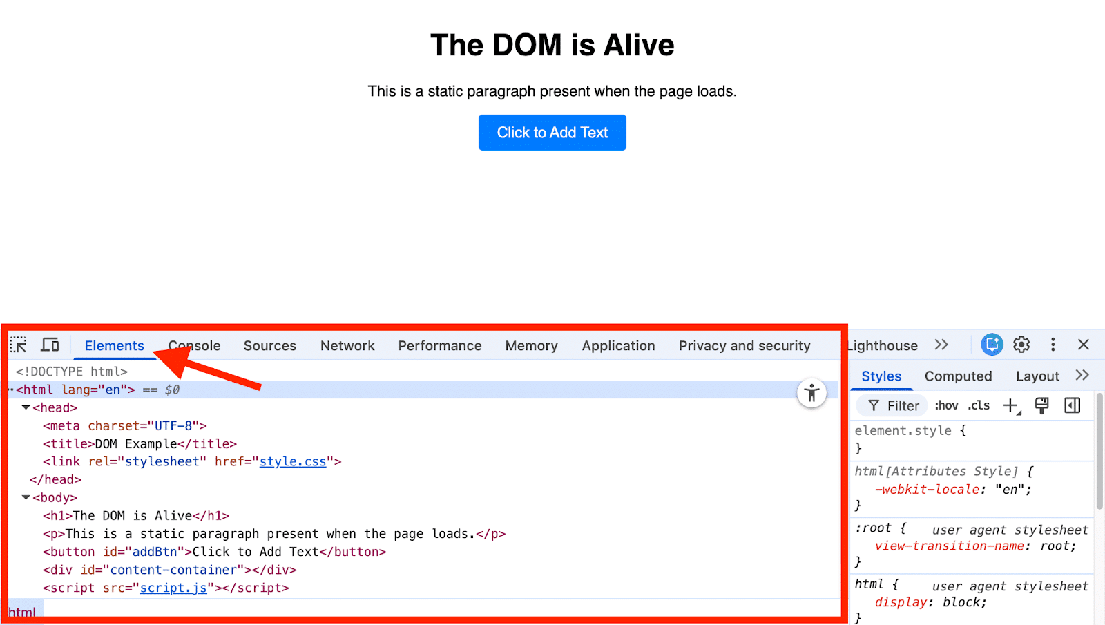 ```json
{
  "alt": "Screenshot showing HTML document structure in the browser's Developer Tools.",
  "caption": "Explore the living DOM! This browser Developer Tools snapshot reveals the dynamic structure of a webpage.",
  "description": "The image shows a browser page with Developer Tools open, highlighting HTML code structure. The page title reads 'The DOM is Alive' with a button 'Click to Add Text'. The Developer Tools display the HTML structure, including document type, head, and body elements. This visual is useful for web developers and those learning about the Document Object Model (DOM) and HTML coding."
}
```
