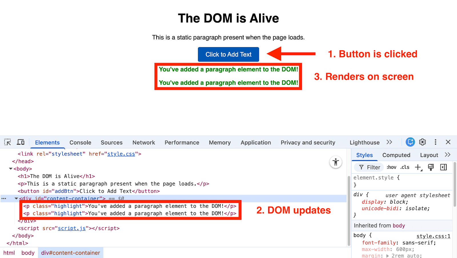 ```json
{
  "alt": "Webpage showing dynamic DOM update where a button click adds paragraphs to the page.",
  "caption": "Witness the dynamic power of the DOM! With just a button click, new content seamlessly appears, illustrating interactive web elements.",
  "description": "This image demonstrates a dynamic change to the Document Object Model (DOM) on a webpage. A button labeled 'Click to Add Text' is clicked, resulting in new paragraph elements appearing on the page. The browser's developer tools window displays the HTML structure, showing the added paragraphs within a highlighted red box. The process exemplifies real-time updates and user interactions in web development, highlighting concepts such as DOM manipulation and JavaScript interactivity. Useful keywords include DOM, web development, JavaScript, and dynamic content."
}
```