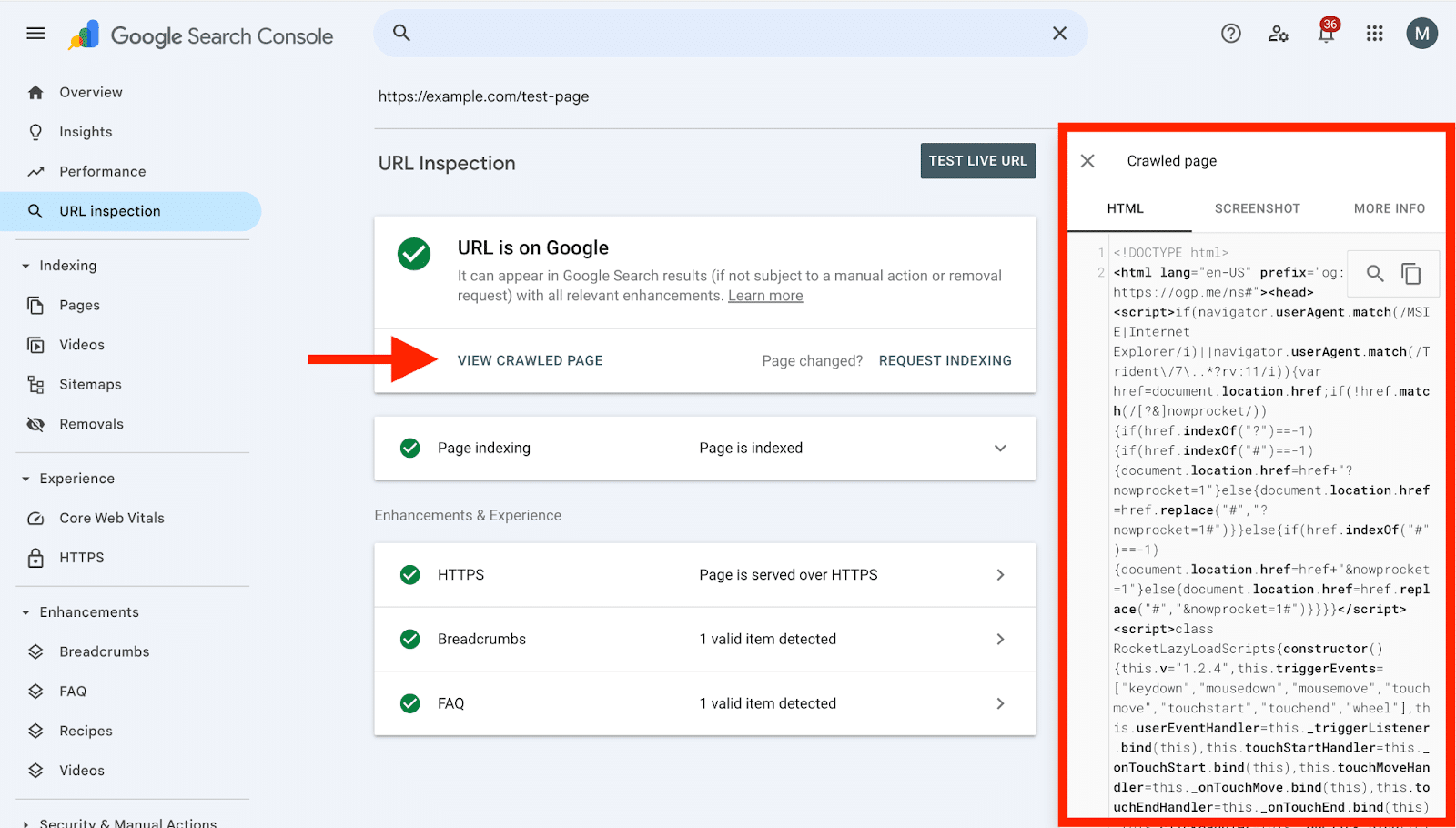 ```json
{
  "alt": "Google Search Console URL Inspection tool displaying example.com test-page details.",
  "caption": "Google Search Console confirms example.com/test-page is indexed and visible in search results, showcasing effective SEO health.",
  "description": "This image shows the Google Search Console URL Inspection tool analyzing 'https://example.com/test-page'. The page is indexed and available on Google, with enhancements like HTTPS and breadcrumbs. The right panel displays HTML code from the crawled page. The console interface shows options for page indexing and enhancements, essential for tracking website SEO performance."
}
```