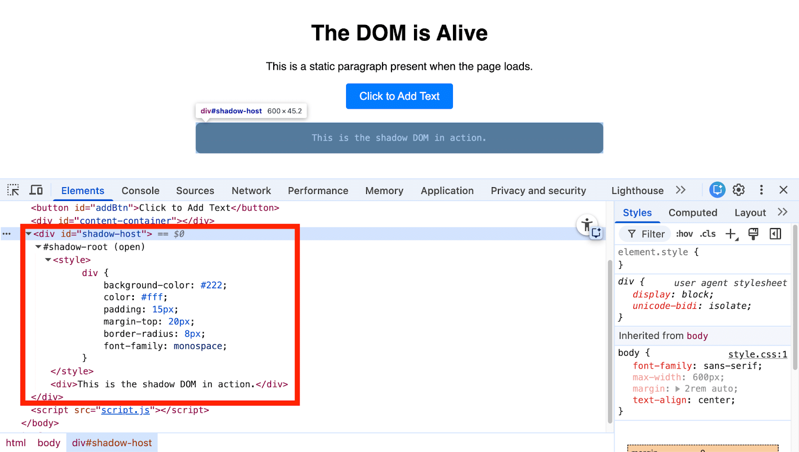 ```json
{
  "alt": "Screenshot showing the DOM inspector with shadow DOM elements highlighted.",
  "caption": "Exploring the shadow DOM: A screenshot reveals how elements are isolated within the shadow tree using developer tools.",
  "description": "This image is a screenshot of a browser's developer tools, showcasing the Document Object Model (DOM) inspector with an emphasis on shadow DOM elements. Highlighted in red, the image shows the HTML structure with styling applied inside a shadow root. The display includes elements such as buttons, divs, and scripts, offering a visual guide to shadow DOM implementation and CSS styling. Key terms include DOM, shadow DOM, web development, and CSS."
}
```