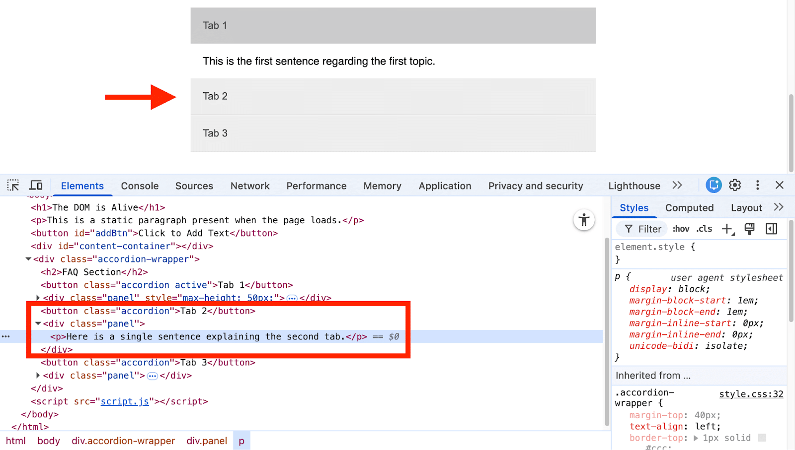 ```json
{
  "alt": "Web development interface showing HTML and CSS code for an accordion tab.",
  "caption": "Dive into the code! This web development screenshot showcases an accordion menu with tabs and a focus on 'Tab 2'.",
  "description": "This image displays a web development interface with HTML and CSS code for an accordion menu. In the screenshot, an orange arrow points to 'Tab 2', highlighting its content within the HTML code. The browser's developer tools are open, with the 'Elements' and 'Styles' panels visible, providing insight into the code's structure and styling. Keywords: HTML, CSS, accordion, web development, code inspection."
}
```