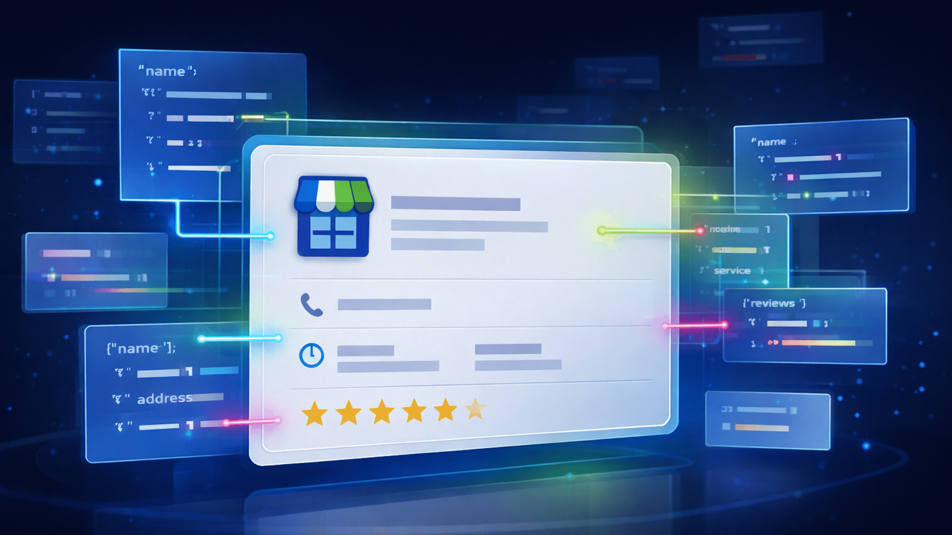 ```json
{
"alt": "Digital interface of a business profile with data points and star rating.",
"caption": "Visualizing business analytics: An engaging digital profile interface displays detailed data and reviews.",
"description": "The image shows a digital interface representing a business profile with a blue icon and several data points. It includes symbols for contact details and displays a five-star rating with one star not fully colored. Colored lines connect to additional data panels around the main profile, symbolizing interconnected information systems. The dark background enhances the luminous effect, emphasizing the modern, data-driven approach to business information management. Keywords: business profile, digital interface, data visualization, analytics."
}
```