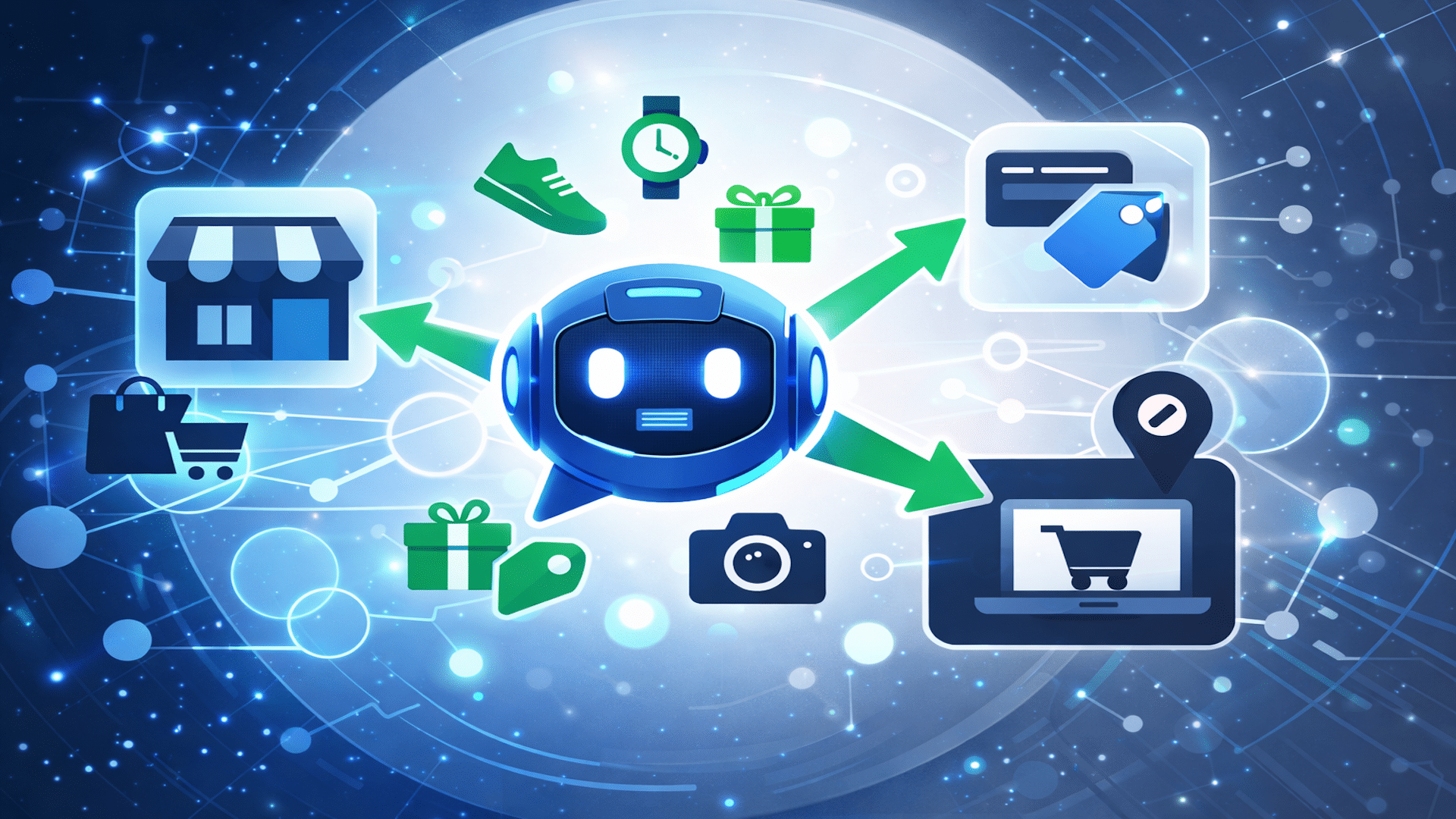 ```json
{
  "alt": "Futuristic e-commerce illustration with a central robot and digital icons representing shopping elements.",
  "caption": "Explore the futuristic world of e-commerce with a charming robot connecting all your shopping needs, from gifts to gadgets!",
  "description": "This digital illustration depicts a futuristic e-commerce theme. At the center is a friendly robot surrounded by icons representing various shopping elements like a store, gifts, credit cards, and online shopping cart. The background is a blend of digital networks and soft blues, highlighting the interconnected nature of modern commerce. Keywords: e-commerce, robot, digital shopping, futuristic technology."
}
```