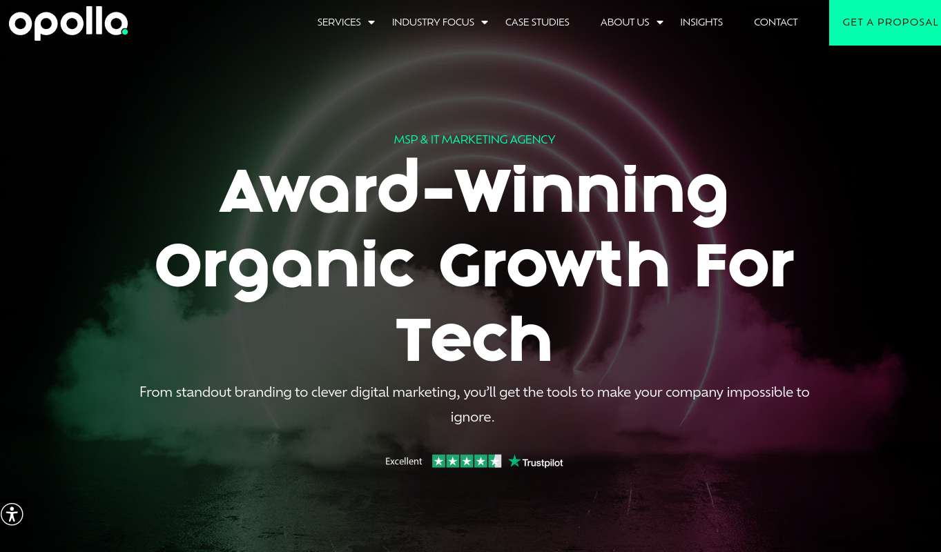 ```json
{
"alt": "Opollo agency website promoting award-winning organic growth for tech.",
"caption": "Discover Opollo's award-winning digital marketing solutions designed to elevate tech companies with standout branding and innovative strategies.",
"description": "This image is a screenshot of the Opollo agency's website homepage. It highlights their expertise in achieving award-winning organic growth for tech companies. The page features a bold headline on a dark, futuristic background, and emphasizes their capability in digital marketing. Trustpilot ratings are visibly displayed, reinforcing their credibility. Keywords: Opollo, marketing, tech growth, branding, digital strategy."
}
```