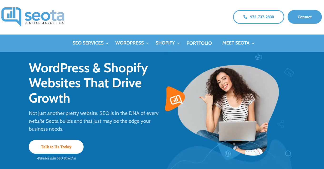 ```json
{
"alt": "Seota Digital Marketing homepage promoting WordPress and Shopify website development with SEO services.",
"caption": "Drive growth with Seota's expert WordPress and Shopify website services, infused with cutting-edge SEO. Connect with us today!",
"description": "The homepage of Seota Digital Marketing highlights their expertise in developing WordPress and Shopify websites that drive growth. The design features a smiling woman with a laptop, emphasizing engagement and innovation. Seota emphasizes SEO as an integral element, offering comprehensive digital marketing solutions. Contact details and a navigation bar provide easy access to their services. Keywords: Seota, digital marketing, SEO, WordPress, Shopify, website development."
}
```