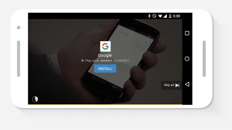 ```json
{
  "alt": "Smartphone displaying ad for Google app with install button.",
  "caption": "Quickly download the Google app with this interactive ad on a smartphone screen, offering seamless access to the Play Store.",
  "description": "The image shows a smartphone screen with an interactive ad promoting the Google app. It features an 'Install' button with a high star rating from over 2 million reviews. The interface is clean and user-friendly, with options to skip the ad. This example highlights in-app advertising, demonstrating effective digital marketing techniques."
}
```