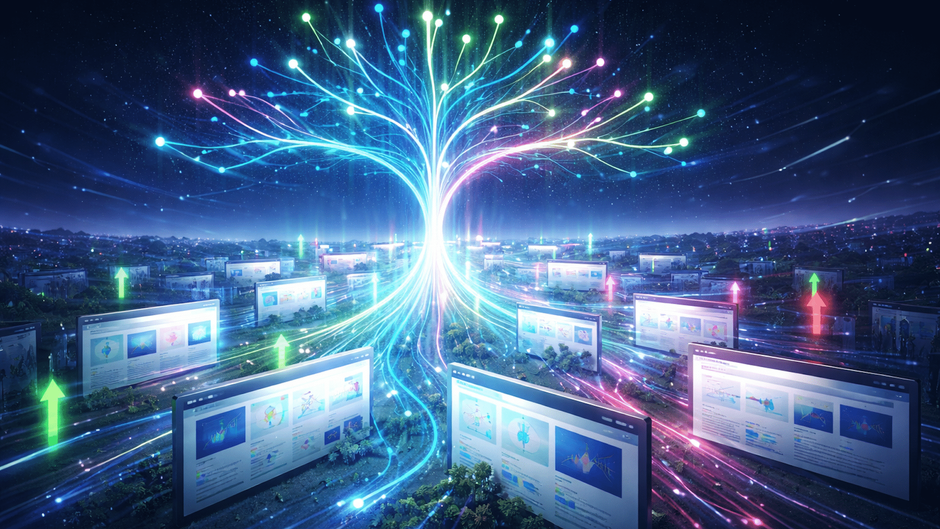 ```json
{
  "alt": "Digital tree with colorful branches in the night sky, surrounded by connected computer screens.",
  "caption": "A vibrant digital tree connects scattered computer screens, symbolizing the boundless reach of data and technology in a digitized world.",
  "description": "This image depicts a digital tree with luminous branches extending against a starry night sky. Each colorful branch connects to computer screens scattered below, illustrating a network of information and connectivity. The vivid colors and dynamic lines evoke the concept of a digital landscape, highlighting themes of technology, data flow, and internet connectivity. Ideal for topics related to digital transformation and networking."
}
```