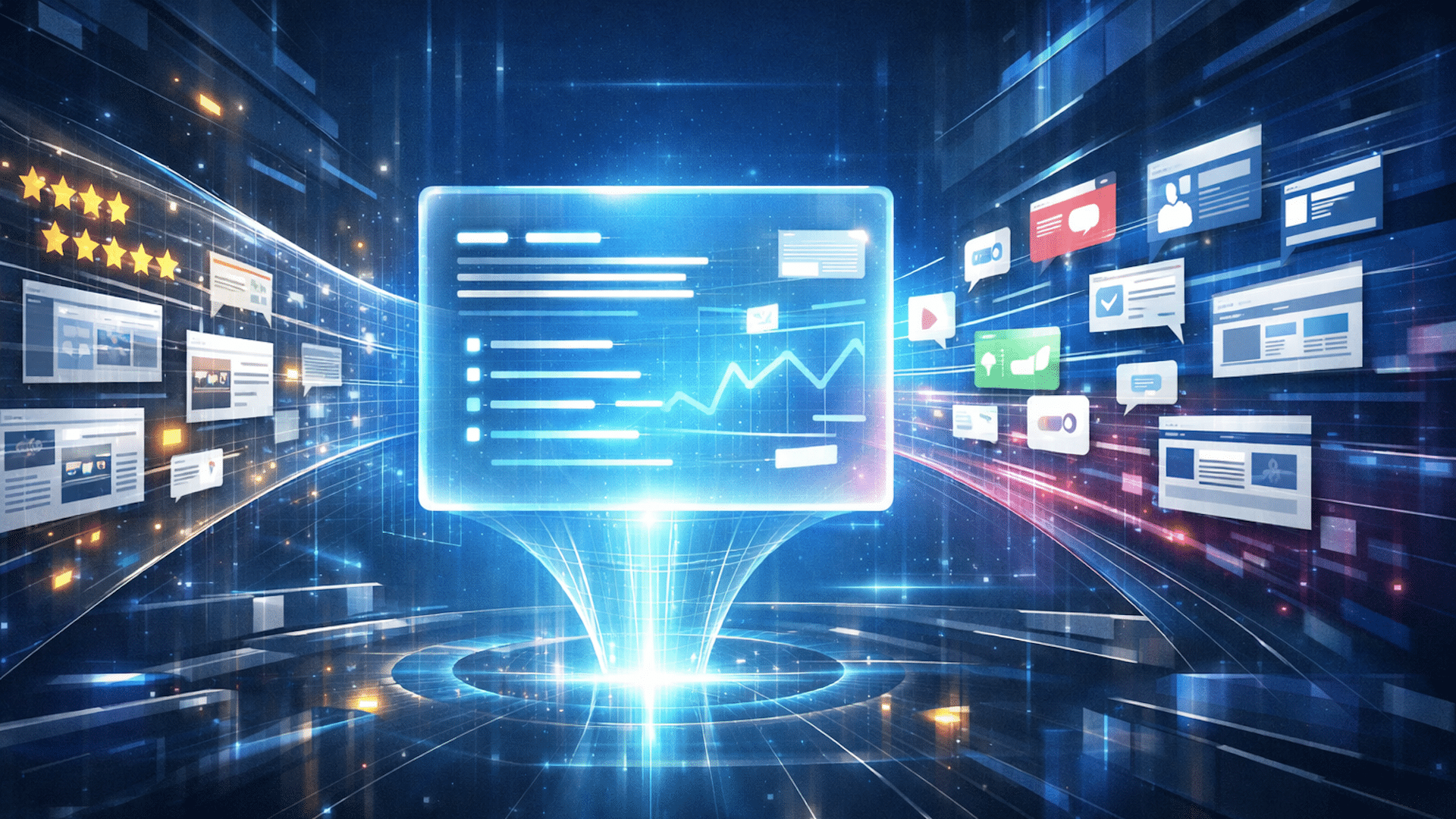 ```json
{
  "alt": "Digital holographic interface displaying graphs and documents in a futuristic setting.",
  "caption": "Step into the future of data visualization with this dynamic holographic interface, where information is illuminated in a digital dance.",
  "description": "The image showcases a futuristic digital interface with a holographic display featuring graphs and documents. Set against a backdrop of digital media icons and documents, this scene symbolizes advanced data visualization and information technology. The vibrant blue hues and glowing effects highlight the seamless flow of information, ideal for representing concepts of innovation, technology, and digital communication."
}
```