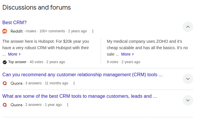 ```json
{
"alt": "Forum discussion listing about the best CRM tools with user reviews from Reddit and Quora.",
"caption": "Explore popular forum discussions comparing the best CRM tools, with user insights from Reddit and Quora.",
"description": "This image displays a set of forum posts from Reddit and Quora discussing the best CRM tools available. The Reddit post features user comments about Hubspot and ZOHO, highlighting pros and cons. Quora threads inquire about recommended customer relationship management tools. The image helps users evaluate CRM tools based on community feedback and comparisons. Keywords: CRM, forum, Reddit, Quora, Hubspot, ZOHO."
}
```