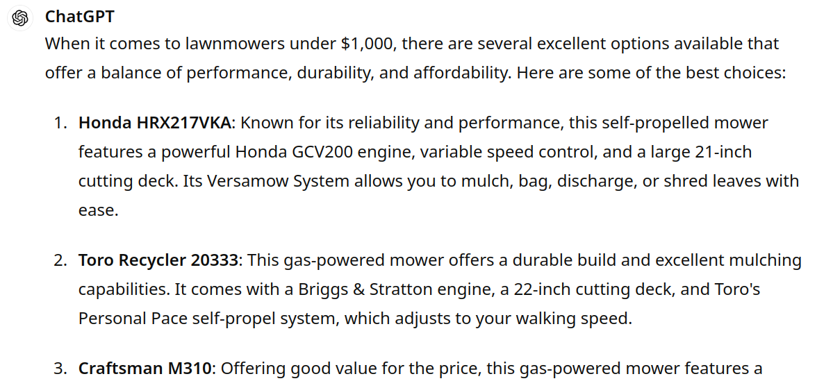 ```json
{
"alt": "Text outlining top affordable lawnmowers under $1,000, highlighting Honda, Toro, and Craftsman models.",
"caption": "Discover top lawnmowers under $1,000! Uncover powerful features and savings with Honda, Toro, and Craftsman models for a perfect cut.",
"description": "This text image lists three highly-rated lawnmowers under $1,000: the Honda HRX217VKA, Toro Recycler 20333, and Craftsman M310. It describes each model’s engine performance, cutting deck size, and unique systems like Honda's Versamow and Toro's Personal Pace. Ideal for those seeking balance in performance and affordability. Keywords: lawnmowers, Honda, Toro, Craftsman, gardening tools, budget-friendly."
}
```