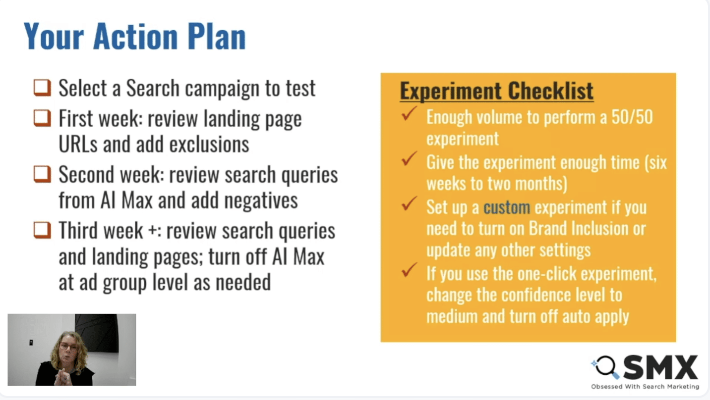 ```json
{
  "alt": "Action plan and experiment checklist for search campaigns, with a speaker in the corner.",
  "caption": "Crafting a successful search campaign strategy requires a detailed action plan and thorough experiment checklist. Discover insights to enhance your marketing efforts.",
  "description": "The image displays a detailed action plan for search campaigns, highlighting steps over three weeks, including reviewing landing pages and search queries. Accompanied by an experiment checklist, it advises on volume, timing, and custom settings. In the bottom corner, a speaker is visible, possibly giving a presentation on the topics. This image is ideal for those interested in digital marketing strategies and search marketing conferences."
}
```