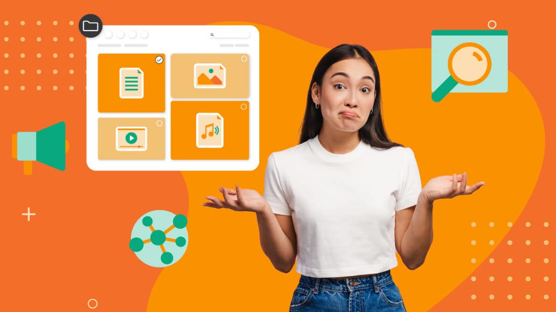```json
{
  "alt": "Woman shrugging in front of a digital media interface with folders and icons on an orange background.",
  "caption": "Confused about media storage? This image captures a woman shrugging with a digital interface of files and media icons, set against a vibrant orange backdrop.",
  "description": "The image features a woman with a puzzled expression, shrugging her shoulders in front of a digital media interface. The interface displays folders and various media icons, such as text, images, video, and audio symbols, suggesting a theme of digital organization or media management. The background is a bold orange with digital symbols, enhancing the tech-inspired theme. Ideal for illustrating concepts related to digital media storage, organization, or user confusion in technology contexts."
}
```