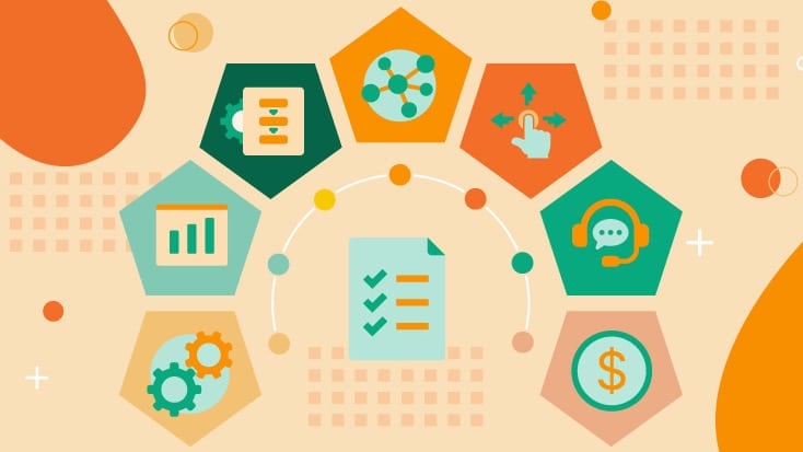 ```json
{
  "alt": "Colorful infographic with hexagons illustrating concepts like graph, checklist, communication, and finance.",
  "caption": "A vibrant infographic connects elements like communication and finance, showcasing a dynamic blend of business concepts.",
  "description": "This image features a colorful infographic with hexagonal icons representing various business concepts such as data analysis, process management, communication, and finance. The central image is a checklist, surrounded by icons like a bar graph, gears, network, touch interaction, and a dollar symbol. The background is a warm gradient with geometric shapes, enhancing the image's dynamic and modern feel. Keywords: infographic, business, data, communication, finance, design."
}
```